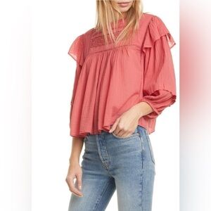 Free People Women’s Boho Flora Ruffle Oversized Crochet Top Salmon Pink Sz M
